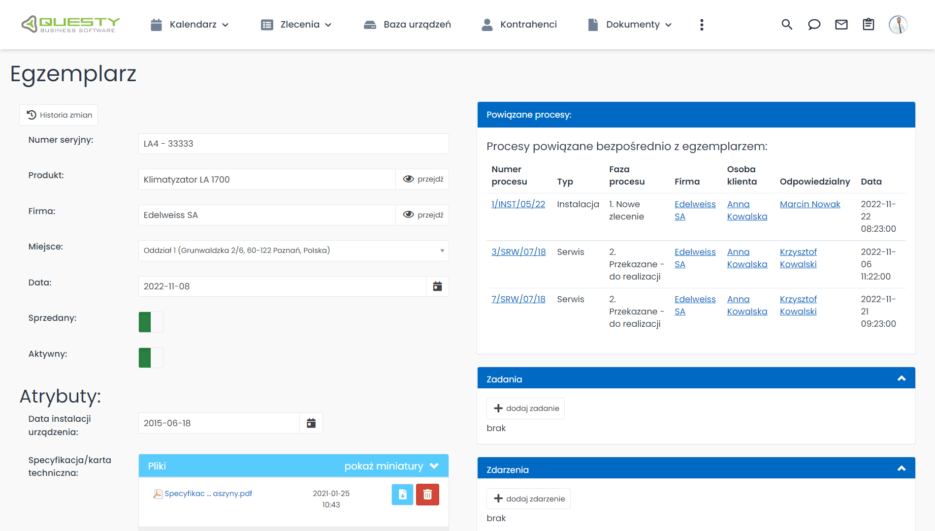 Panel produktu serwisowanego w programie do zarządzania zleceniami