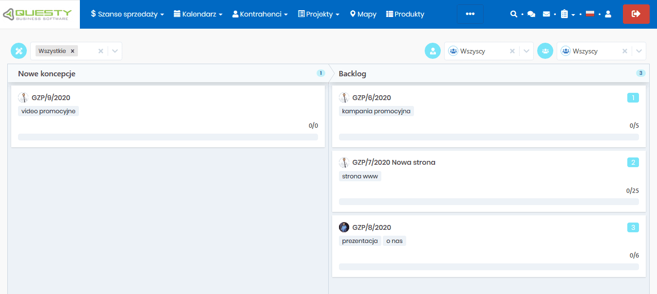 Backlog w widoku Kanban w CRM