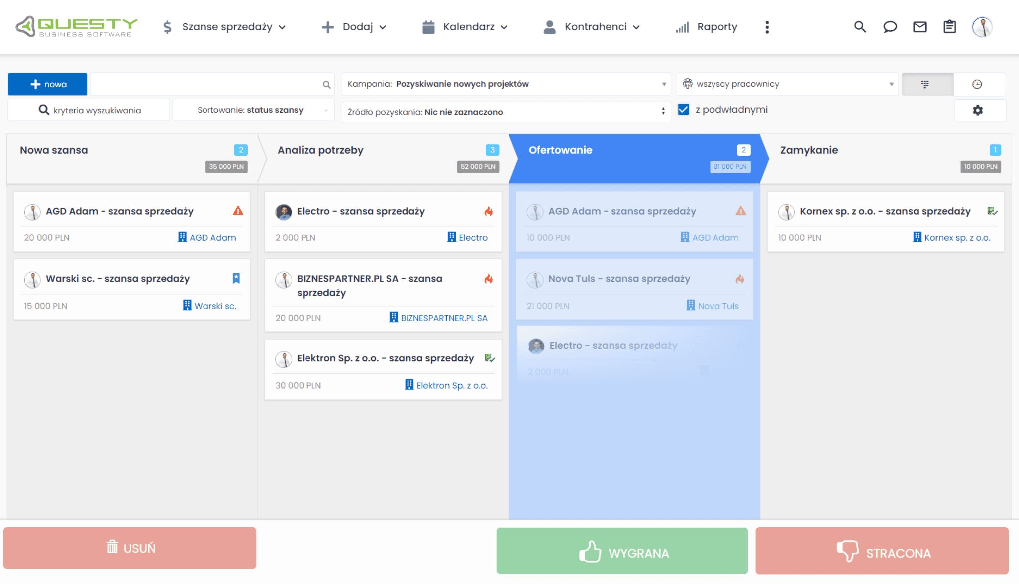 Lejek sprzedaży w widoku kanban w systemie crm