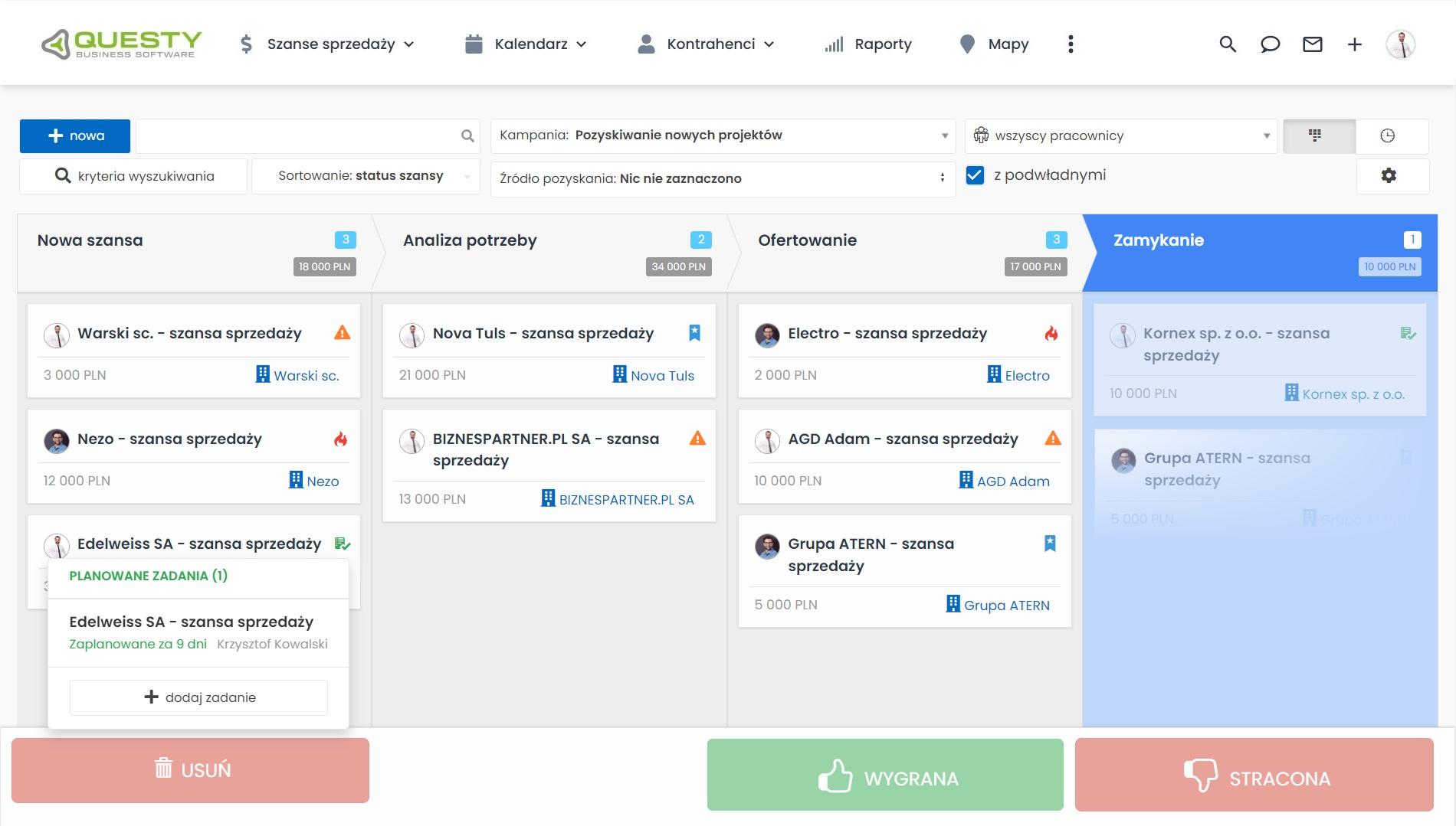 Wsparcie sprzedaży - zarządzanie szansami sprzedaży w systemie CRM Questy.