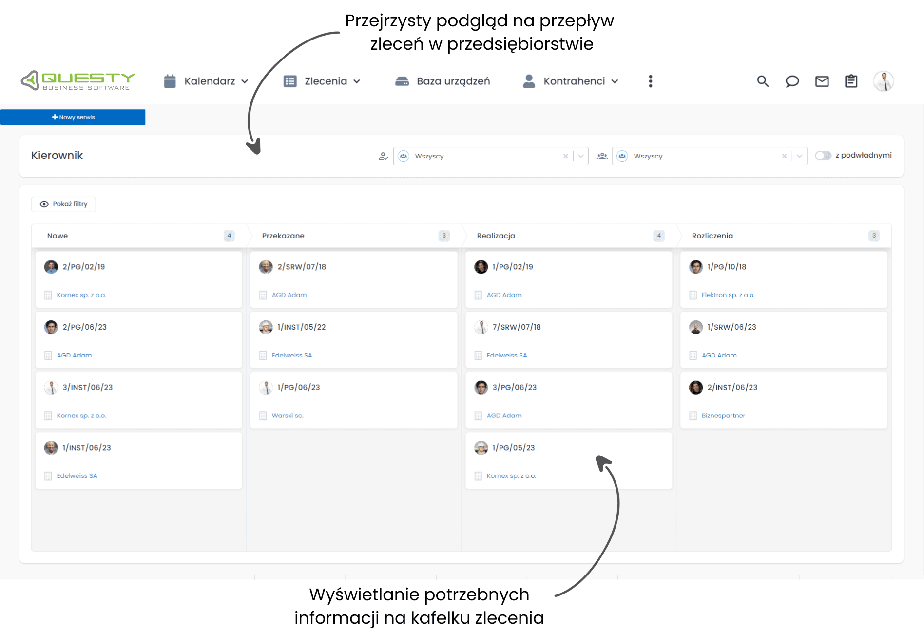 Tablica zleceń - widok kanban w programie do serwisu