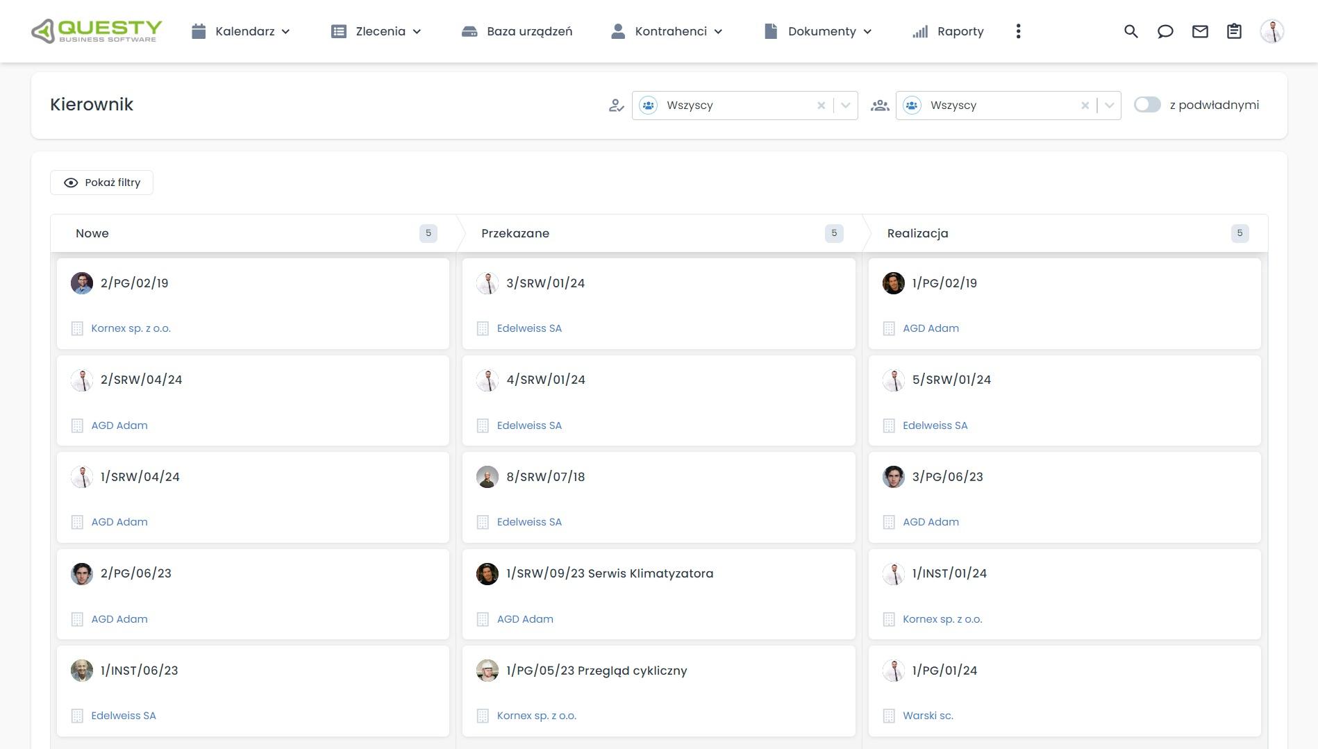 Zarządzanie usługami - tablica zleceń - widok kanban w programie do serwisu.