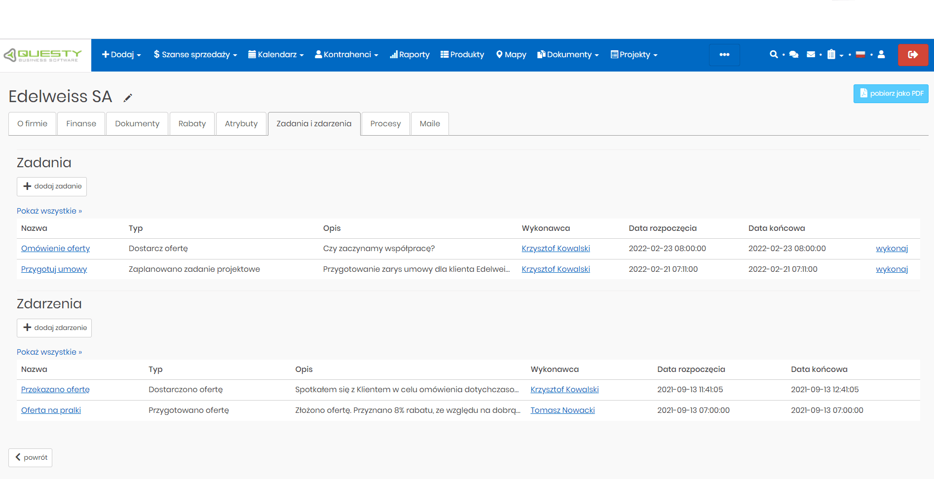 Zadania i zdarzenia w karcie klienta - program do tworzenia ofert handlowych