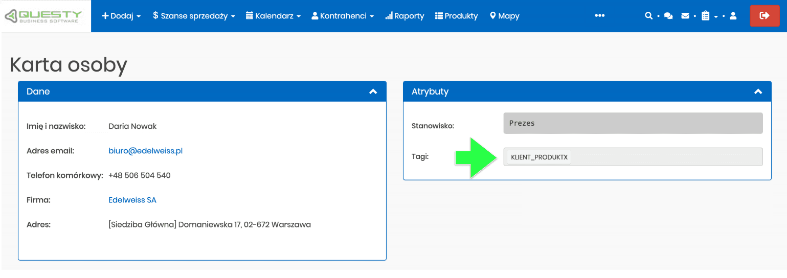 Działanie CRM online - zarządzanie kartą osoby kontrahenta