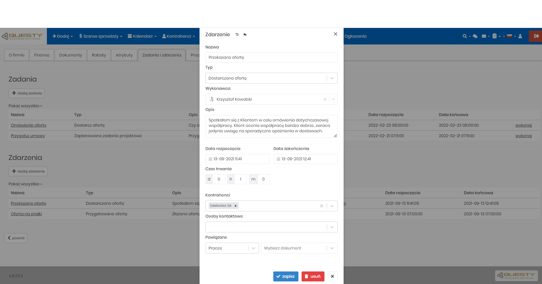 Karta klienta w programie do tworzenia ofert handlowych - notatka