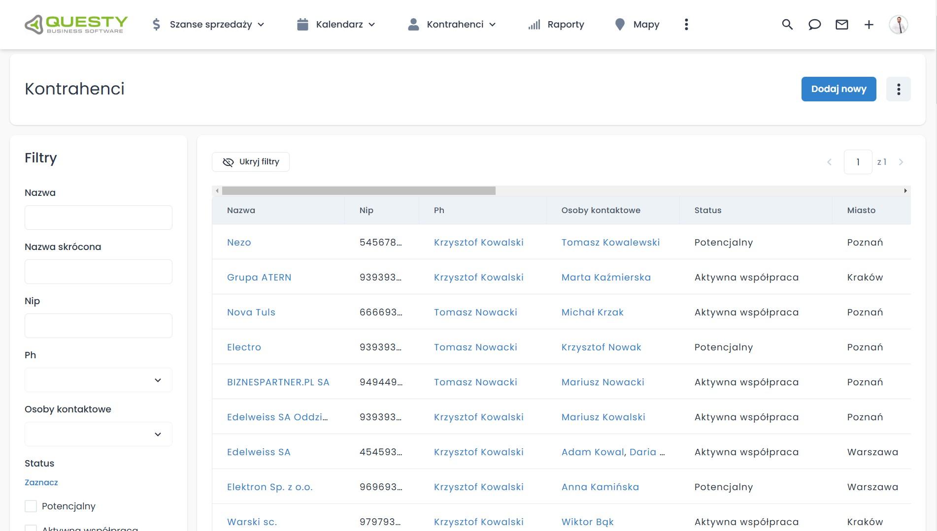 Lista kontrahentów w systemie CRM dla firmy IT.