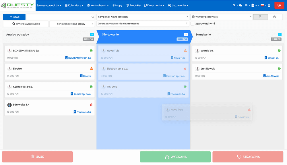 Widok szans sprzedaży w systemie CRM