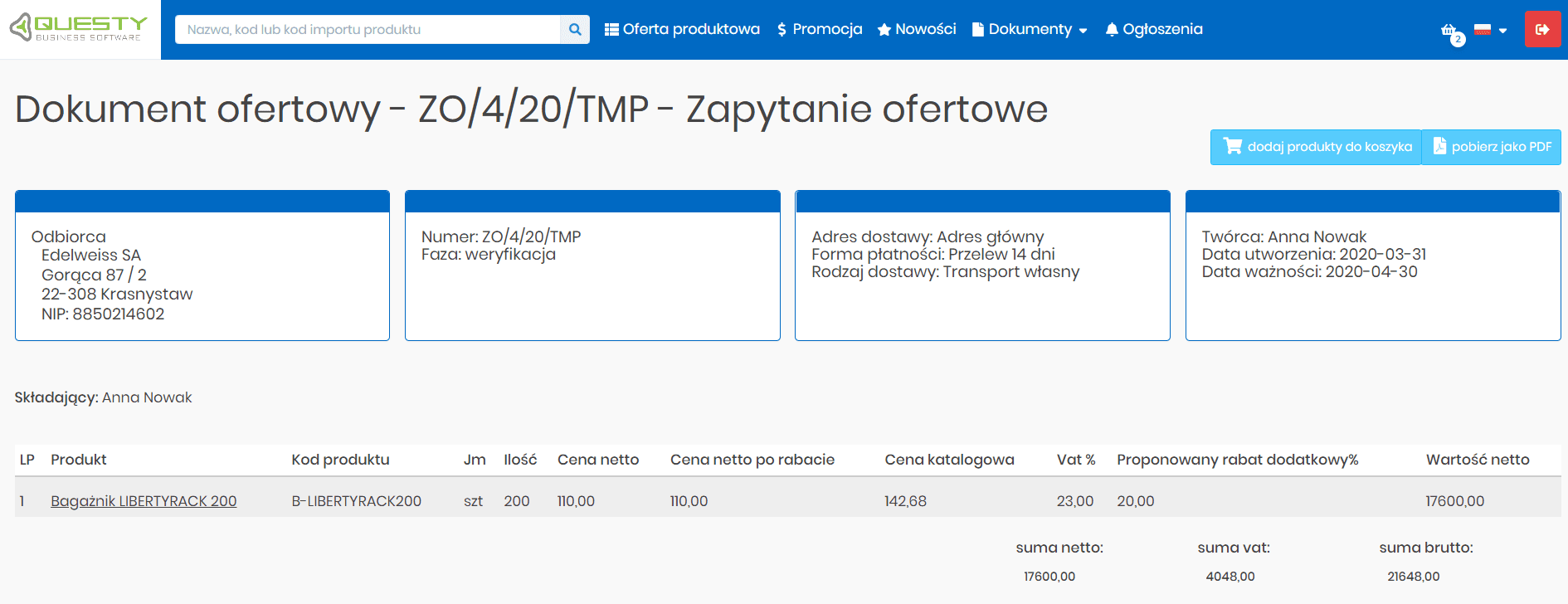 Zapytania ofertowe w panelu B2B