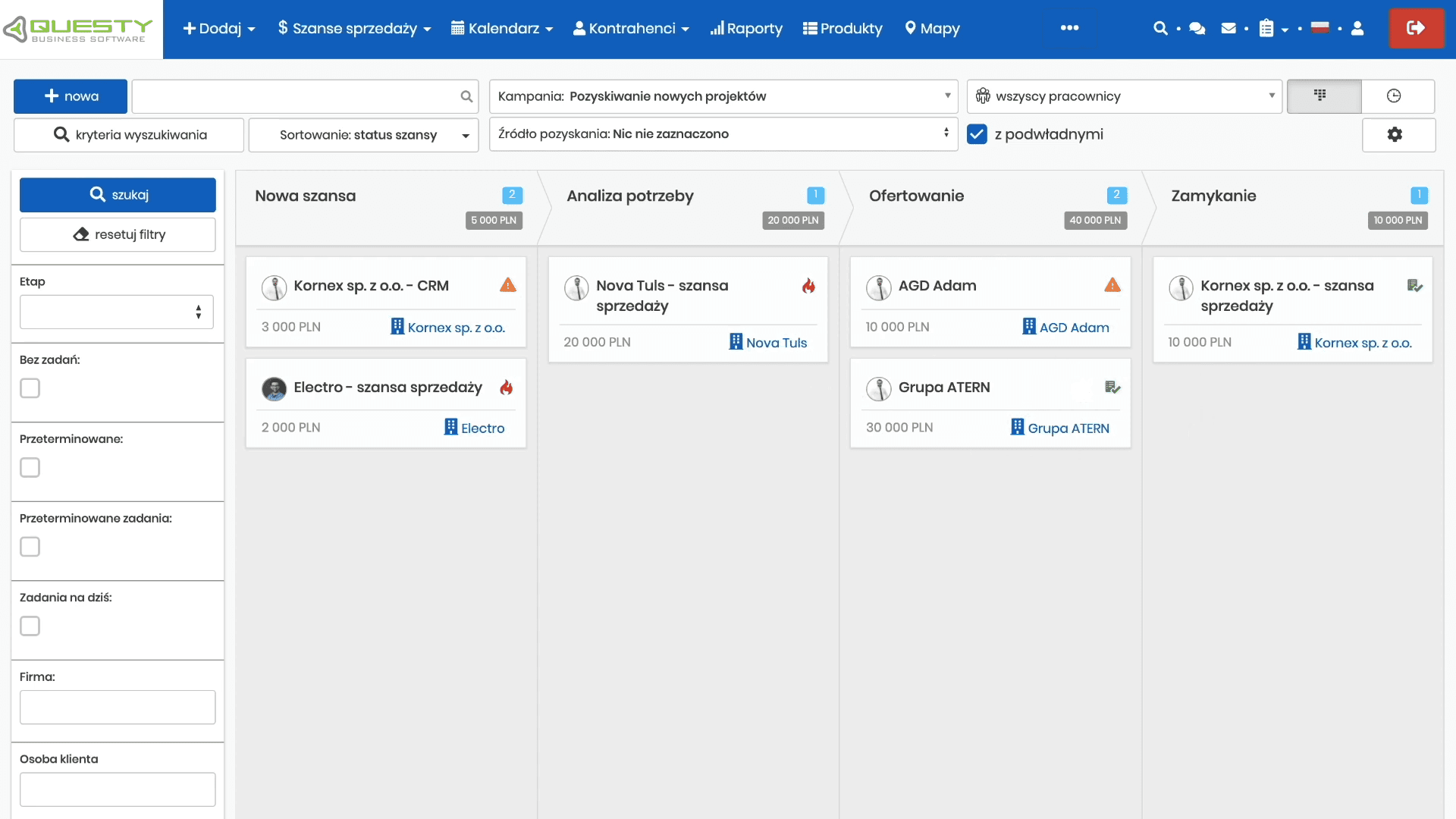 Przykładowe warunki w procesie automatyzacji systemu CRM